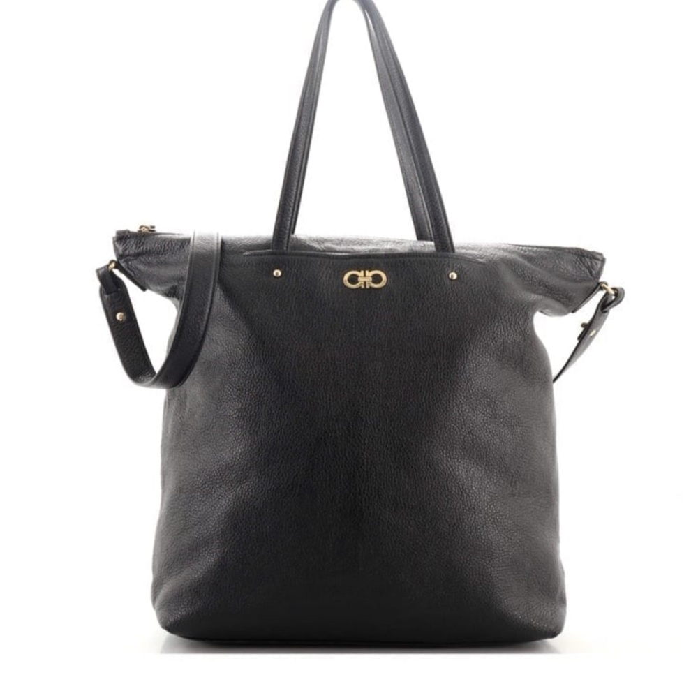 Salvatore Ferragamo Black Leather Tote with Gold Gancini